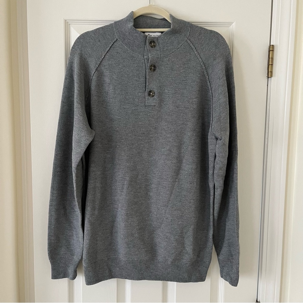 Peter Millar Parkway Textured Mock Neck Wool Cotton Gale Gray Sweater, Medium - Picture 2 of 7
